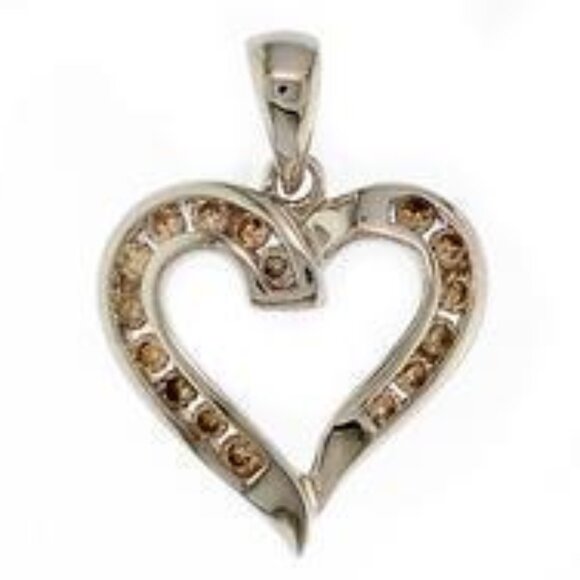 14Kt White Gold 0.23ctw Champagne Diamond Open-Heart Pendant - Picture 1 of 5